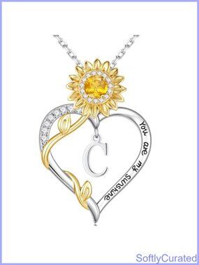 14K White Gold Plated Initial Heart Sunflower Necklace
